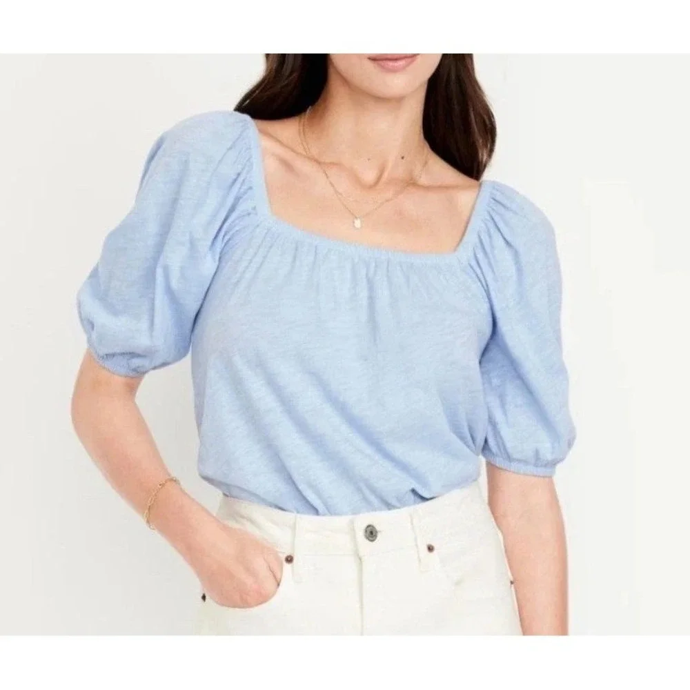 Old Navy Slub-Knit Jersey Square Neck Puff Sleeve Top #738653 - Cashmere Blue M